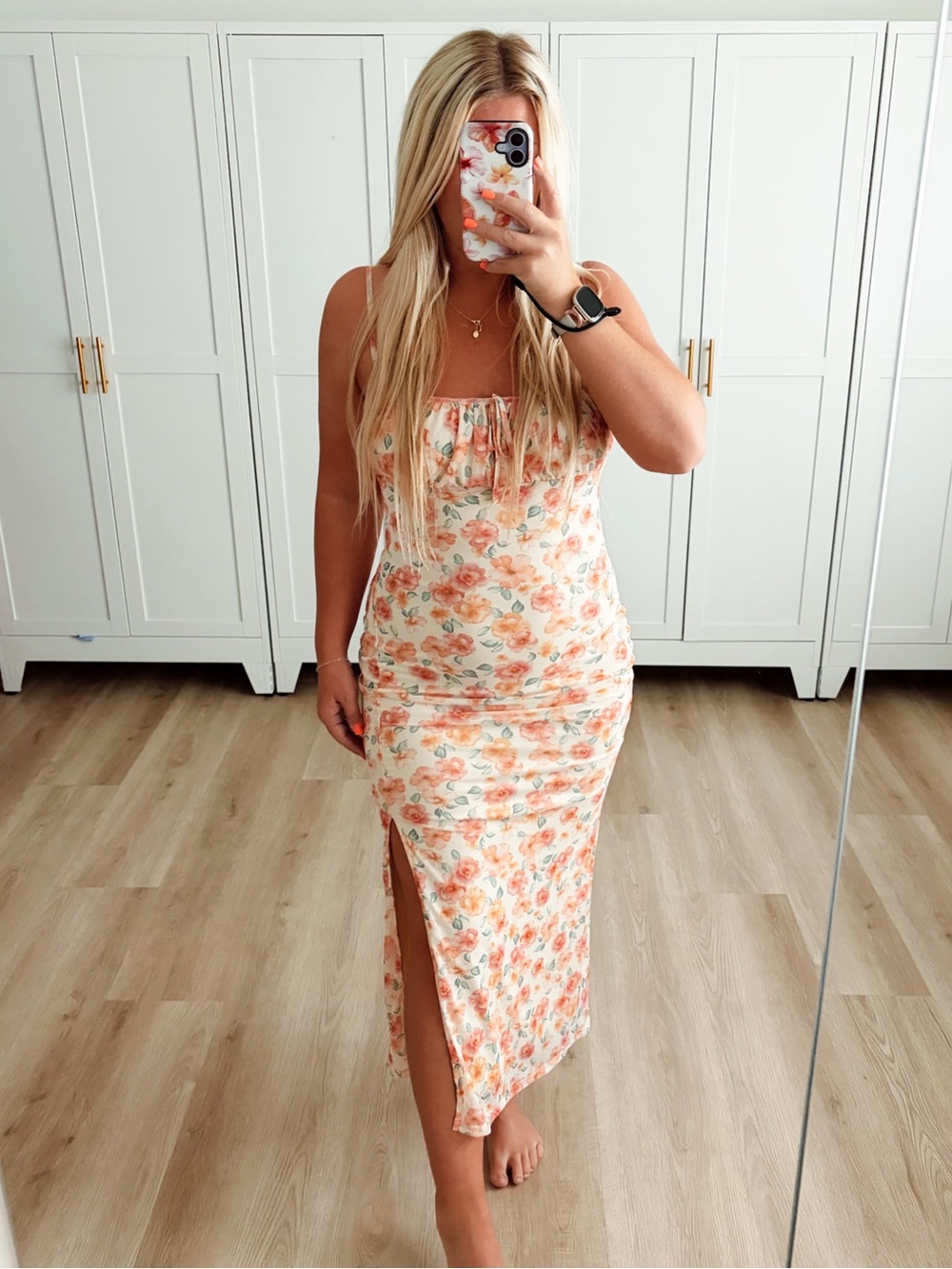 Yellow and pink floral body con midi dress